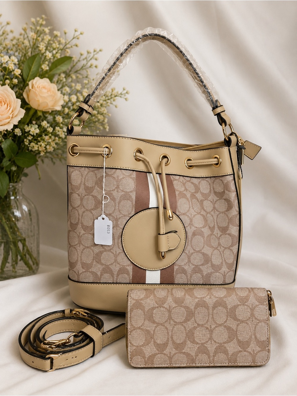 Beige Signature Drawstring Bucket Bag with Wallet